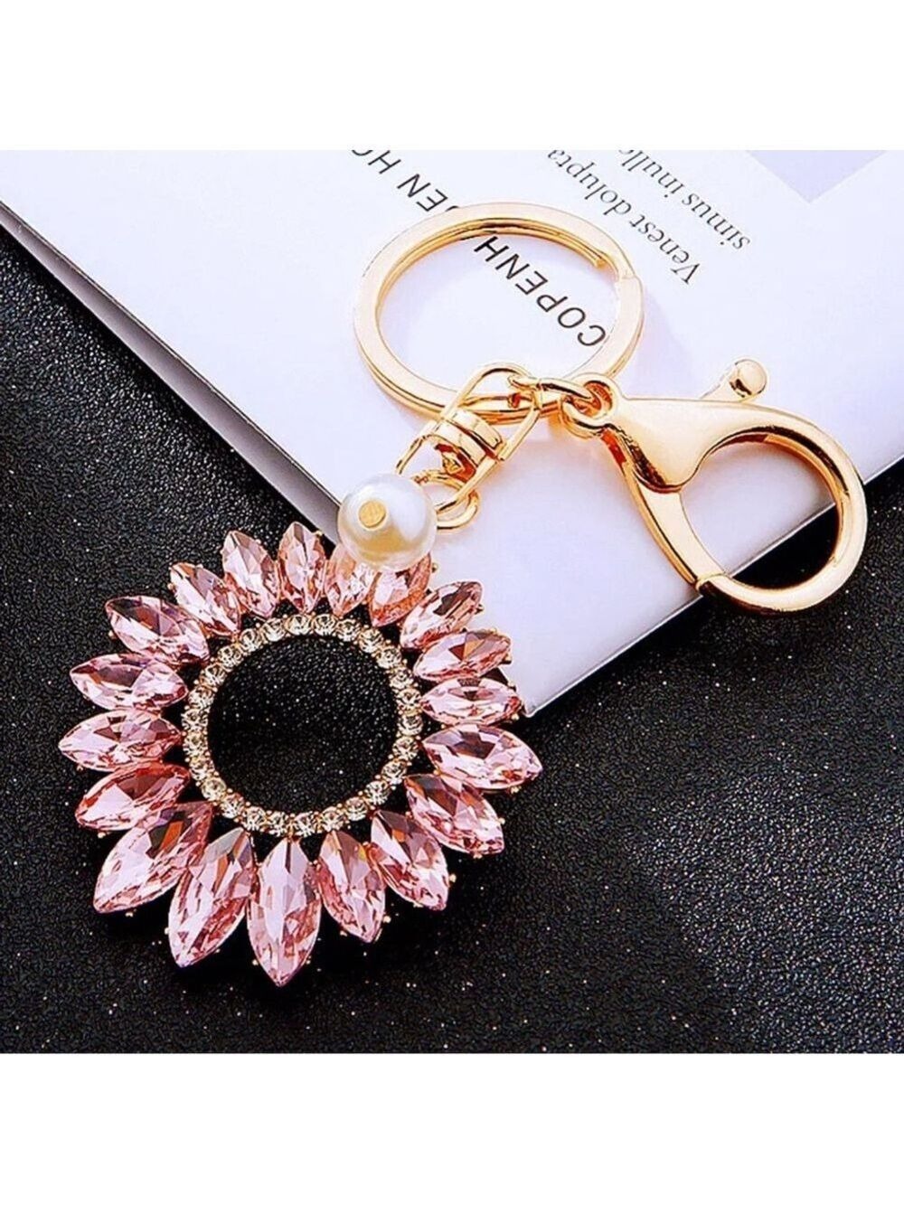 NEW Pink Rhinestone and Pearl Sunflower Keychain Bag Charm NWT